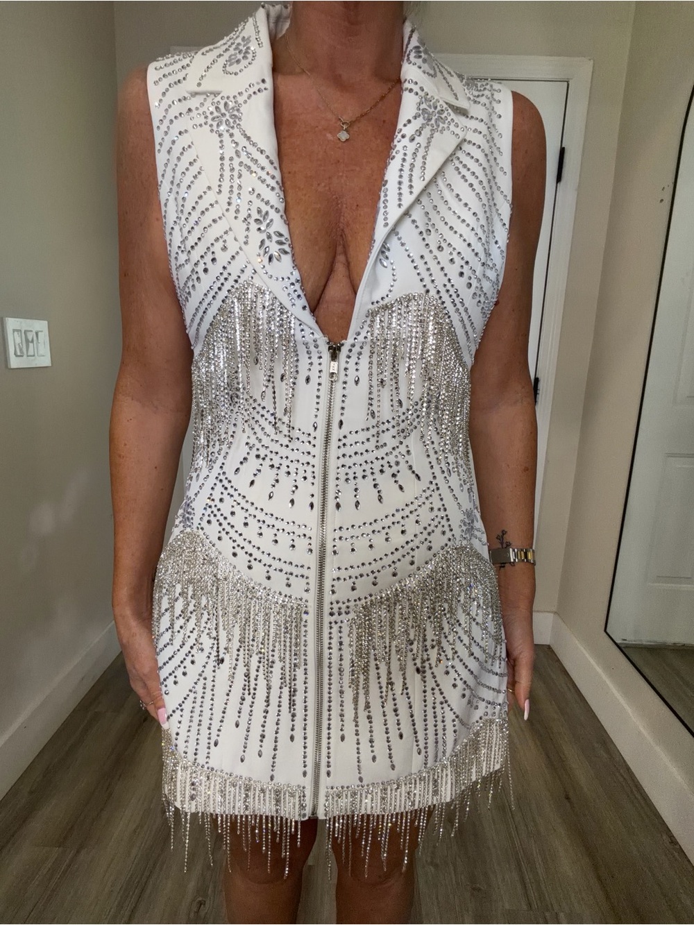 AKIRA White Sleeveless Zip-Front Mini Dress with Silver Fringe